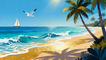 This vibrant illustration depicts a tropical beach scene: turquoise waves crash on golden sand, lined with palm trees, while a sailboat, rainbow, and seagulls fill the bright sky, serene and idyllic