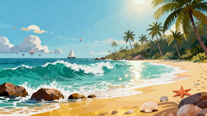 This vibrant illustration depicts a tropical beach scene: turquoise waves crash on golden sand, lined with palm trees, while a sailboat, rainbow, and seagulls fill the bright sky, serene and idyllic