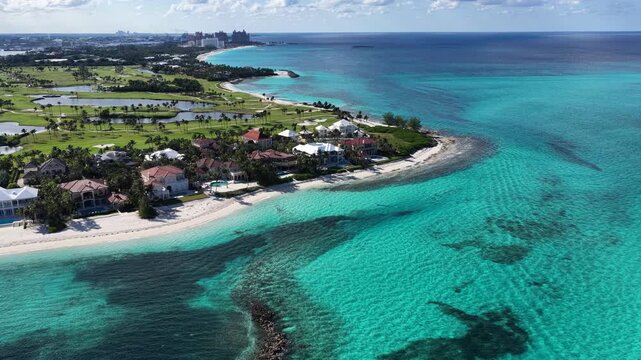 Arawak Beach At Paradise Island In Nassau Bahamas. Beach Landscape. Downtown District. Travel Destination. Arawak Beach In Paradise Island In Nassau Bahamas. Nature Seascape.
