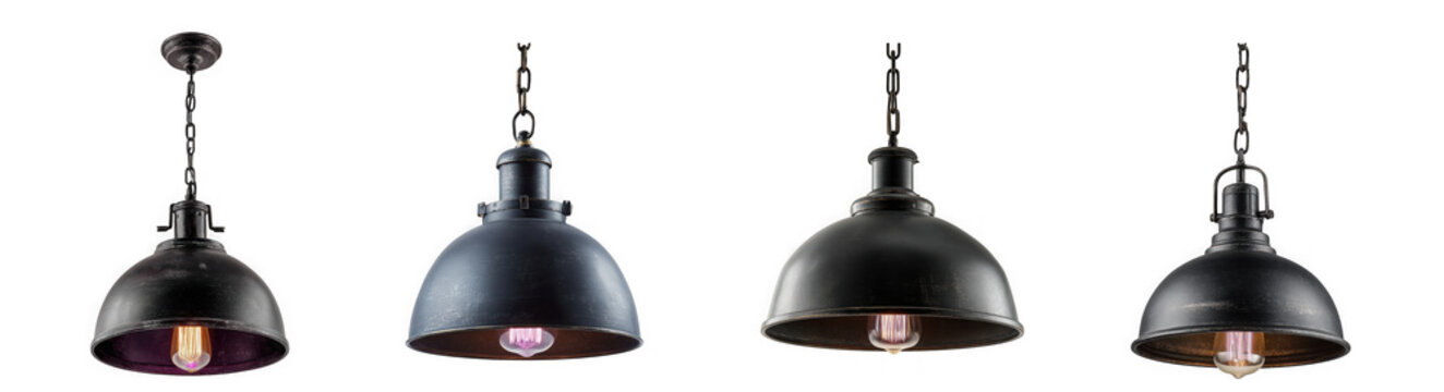 Four vintage industrial pendant lights with exposed edison bulbs hanging in a row isolated on transparent background