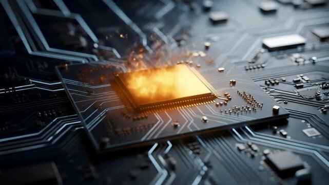 Burning microchip overheating on electronic circuit board, dramatic hardware failure animation with sparks and heat effects, high-tech component breakdown visualization for technology videos