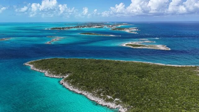Exuma Skyline At Exuma Islands In Black Point Bahamas. Beach Landscape. Bay Harbor Scenery. Shades Of Blue Watercolor. Exuma Skyline In Exuma Islands In Black Point Bahamas. Amazing Caribbean Sea.