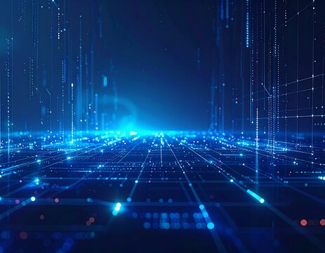 Dark Blue Digital Technology Background - Futuristic Network Circuit with Glowing Lines and Dots