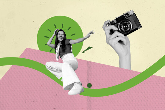 Poster banner creative photo collage of happy girl dance hand hold retro optical camera shooting paparazzi cadre capture moment