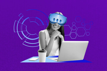 Exclusive artwork banner creative collage of happy girl wear vr glasses gamer play type laptop keypad futuristic hobby cyberspace