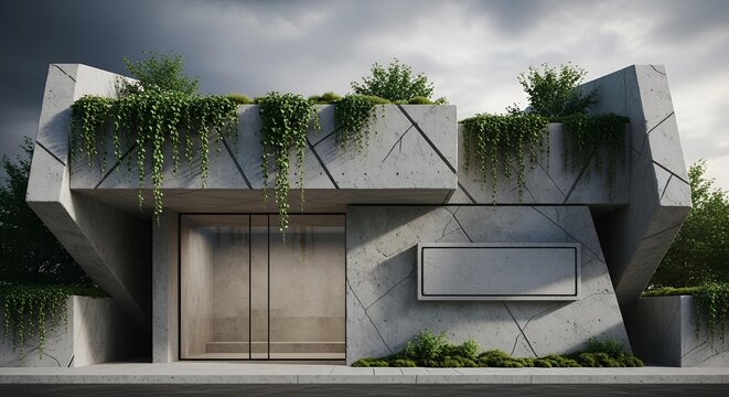 Modern concrete house design with plants and minimalist architecture