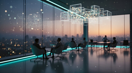 Silhouettes of people in a modern office meeting room with large windows overlooking a city skyline at dusk, featuring futuristic digital cube graphics and glowing blue accents.