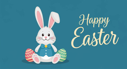 Fototapeta premium Cute Easter Bunny with Decorated Eggs and Happy Easter Text.