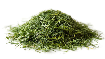 Close-up of a mound of dried green dill weed, a versatile herb and spice, isolated on a bright white background.