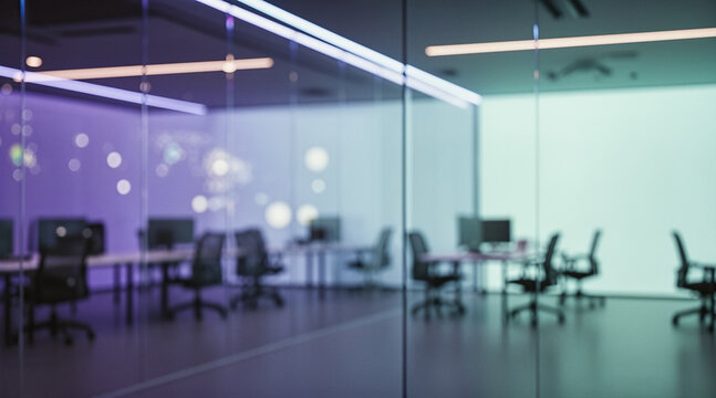 A blurred modern office interior with glass partitions, desks, chairs, and overhead lighting, viewed through a reflective surface.