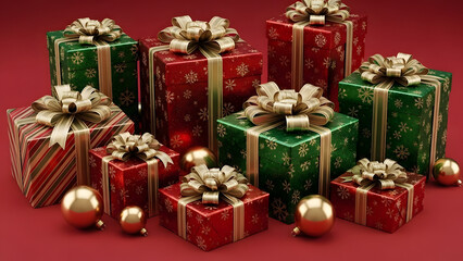 Festive Christmas gifts decorated with ribbons and ornaments flat lay