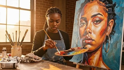 Dynamic artist passionately painting vibrant portrait in studio, brushstrokes alive, a creative journey unfolds with skillful precision