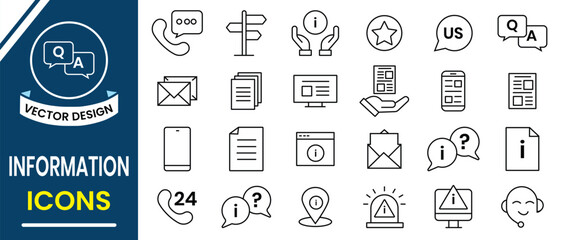 Information icons vector set. Line icon of information symbol, , speech, answer, book, help, inform, support, news, about us, direction, call, mail. Vector illustration.