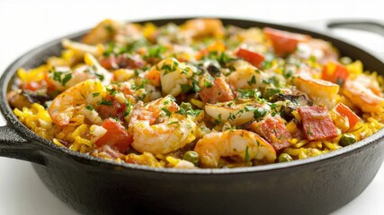 Video A warm and inviting  of a skillet filled with rice and succulent shrimp, great for food  or culinary inspiration