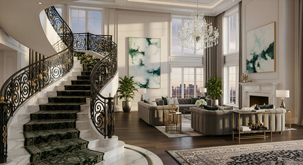 Elegant modern luxury home interior with grand curved staircase plush seating contemporary art and high ceilings creating a sophisticated living space