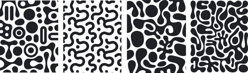 Abstract black shapes on white background creating seamless pattern designs set