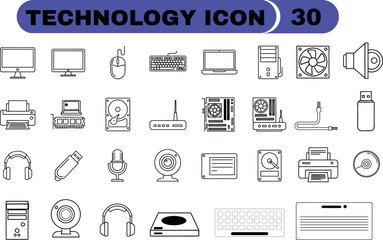 Outline technology icons set computer laptop printer speaker and more