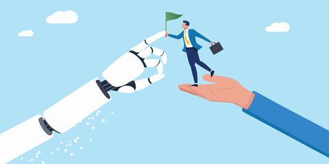 Robot hand helps businessman reach goal with human support