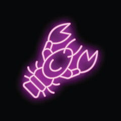 Glowing neon sign of a lobster with big claws illuminated in bright pink on a black background