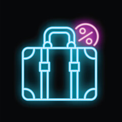 Obraz premium Neon sign depicting a suitcase with a glowing percentage symbol, signifying a travel or luggage discount