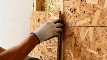Closeup medium shot of cork panels being installed on walls showcasing natural texture and renewable resource benefits in environmentally conscious building.