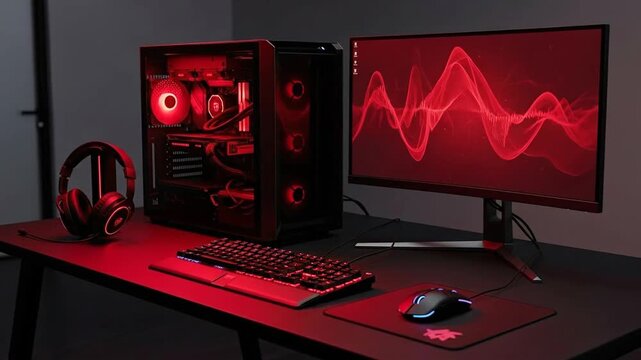 High-performance gaming computer setup with red LED lighting.