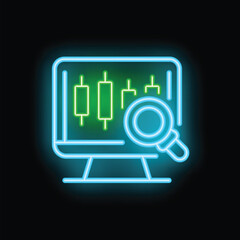Vibrant neon icon depicting a magnifying glass examining financial charts displayed on a computer screen, symbolizing market analysis