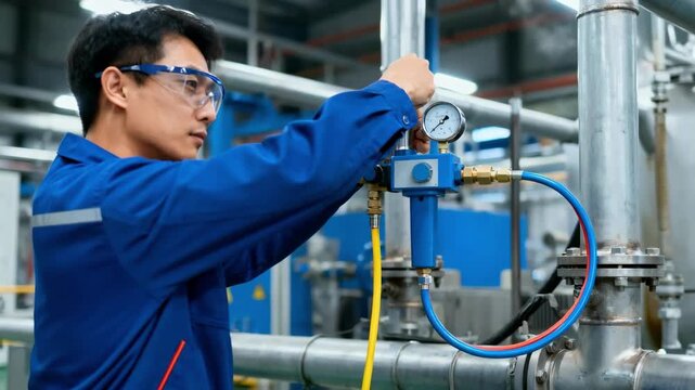 Engineer using pneumatic pressure testing in industrial plumbing pressurizing air in pipework to detect potential weaknesses or defects.
