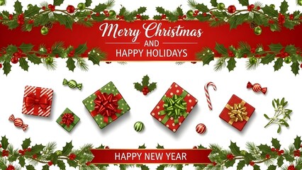 Christmas Greeting Card with Holly Border, Candy Canes, and Holiday Message on White Background