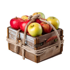 A rustic wooden crate filled with vibrant red and green apples, beautifully arranged to showcase their freshness and natural beauty, on transparent background.