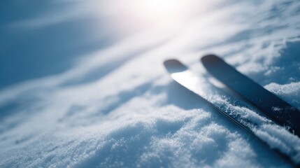 Winter travel adventure in snowy mountains with ski equipment, cinematic lighting