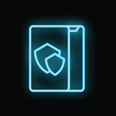 Glowing neon icon of a mobile phone displaying a security shield, representing the concept of data protection in the digital age