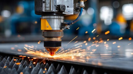 Laser cutting machine creating sparks on metal sheet