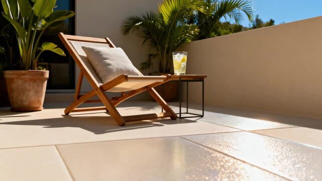 Medium shot capturing a patio treated with solar reflective coating emphasizing reduced heat absorption and comfortable outdoor relaxation in summer.