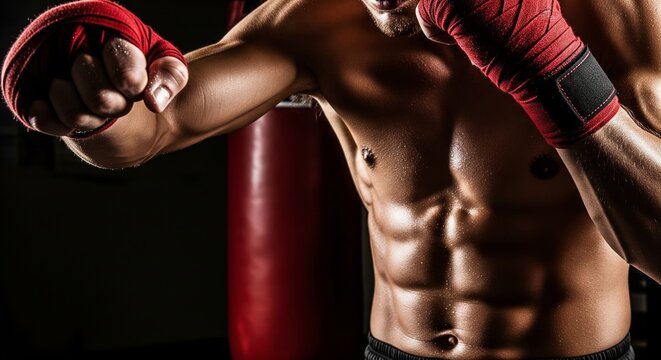 Close-Up Boxer Punch with Red Hand Wraps in Dramatic Lighting - Powered by Adobe