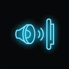 Blue neon icon of a loudspeaker emitting sound waves on a black background