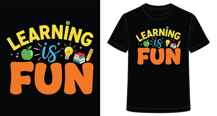 Learning is Fun TShirt Design with Apple Lightbulb Books and Pencil to Promote Education and School Activities for Young Children