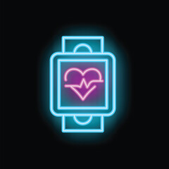Neon icon of smart watch showing heartbeat on screen