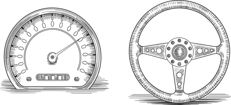 Vintage Car Speedometer and Steering Wheel Engraving Vector, Retro Automotive Dashboard Sketch, Racing Parts Illustration, Old Transport Graphic Element