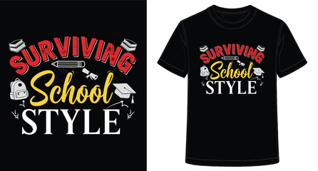 Surviving School Style T Shirt Design for Students with Backpack and Graduation Cap Graphic