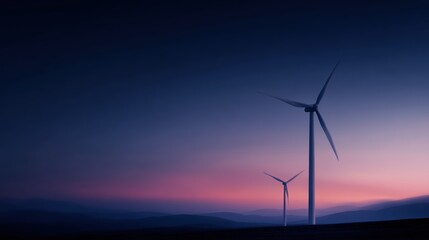 Sustainable green energy wind turbines on hill during sunset, high-resolution