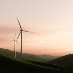 Obraz premium Sustainable green energy wind turbines on hill during sunset, soft shadows