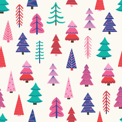 Christmas seamless pattern with cartoon trees. Wallpaper and wrapping paper design. Vector illustration