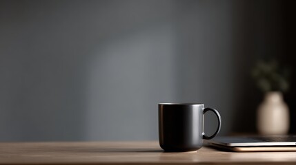 Remote work setup with laptop, coffee mug, and minimalistic decor, ultra-realistic