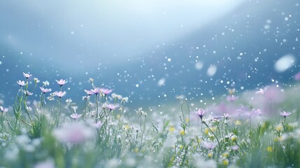 Winter meadow with gentle snowfall and mist in background