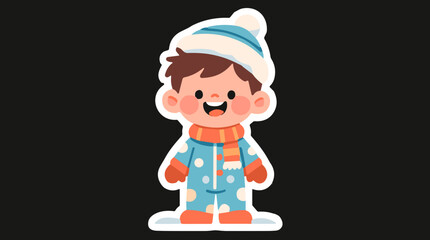 Cartoon boy wearing winter pajamas and smiling against dark background  