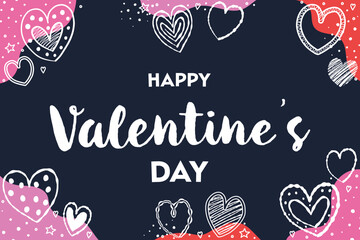 Cute Valentine&rsquo;s Day greeting card with cartoon hearts. Background with hand drawn elements. Vector illustration