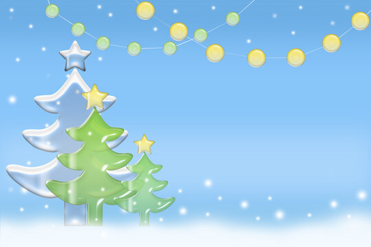 Digital illustration with glossy, stylized fir trees with stars, on a blue, snowy background with hanging garlands. Perfect for a festive template or greeting card.
