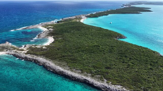 Exuma Skyline At Exuma Islands In Black Point Bahamas. Stunning Cityscape. Beach Landscape. Shades Of Blue Watercolor. Exuma Skyline In Exuma Islands In Black Point Bahamas. Caribbean Background.