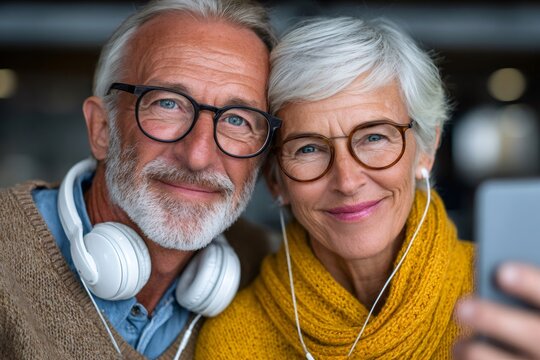 Senior couple sharing headphones taking a smiling selfie